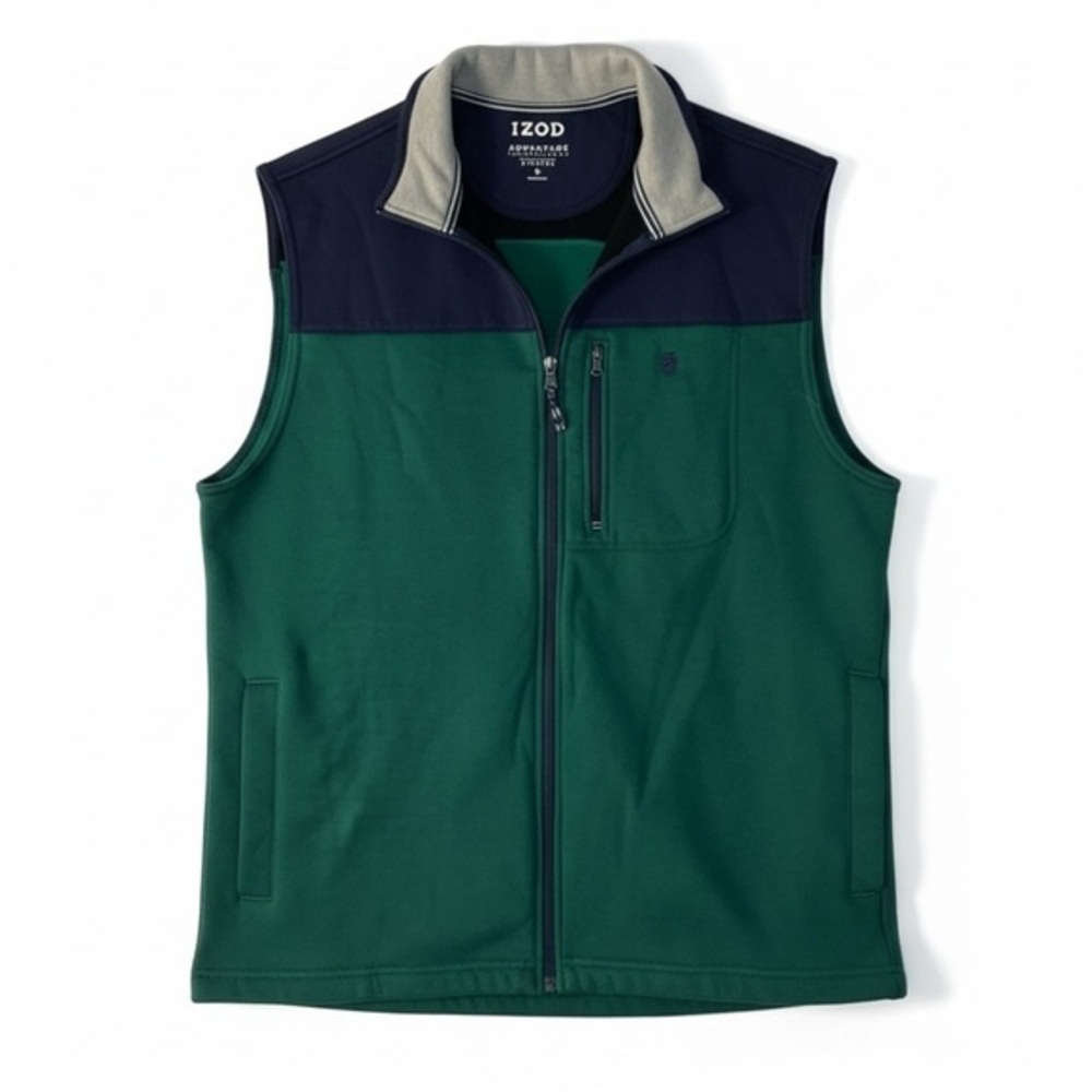 IZOD Advantage Performance Vest Green Navy Full Zip Stretch Size M